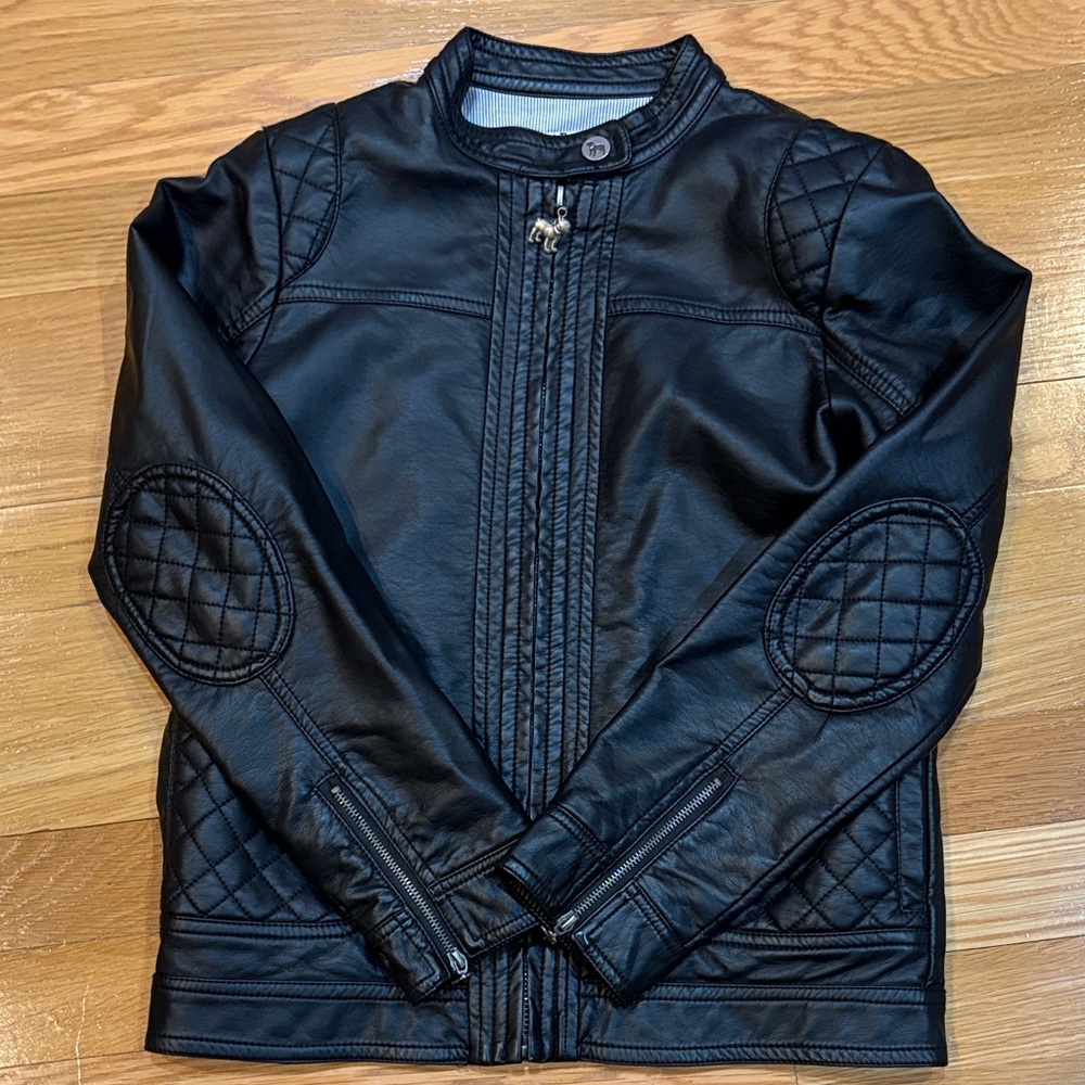 Frenchie Black Faux Leather Jacket with Quilted Elbow Patches- Size 12